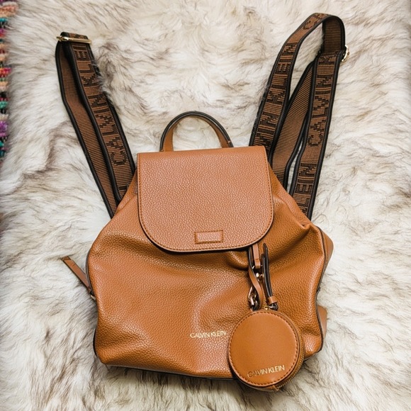 Calvin Klein Handbags - Calvin Klein Millie Backpack Flap Closure Caramel Color + Matching Coin Purse
